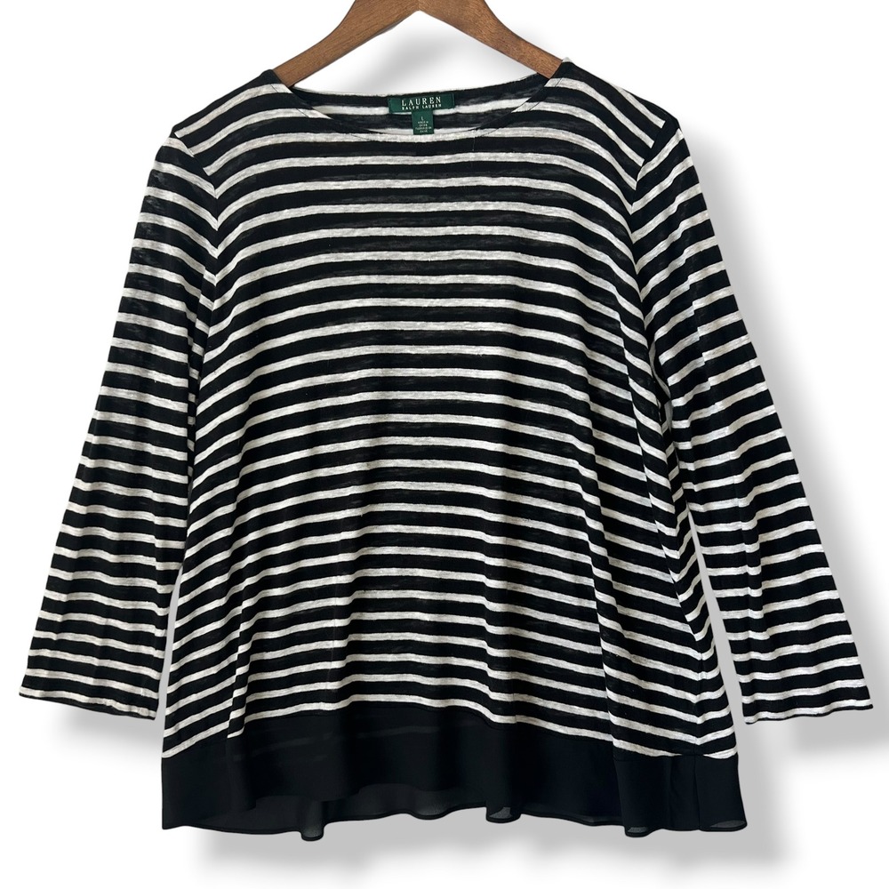 Lauren Ralph Lauren Striped Linen Top L Black White Chiffon Trim Preppy Parisian